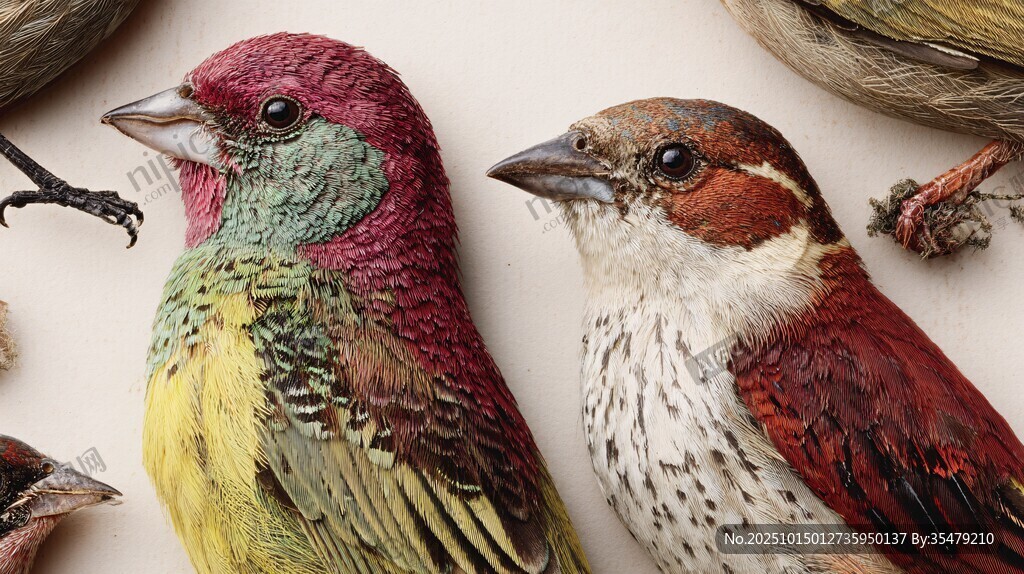 多彩鳥類標本特寫展示