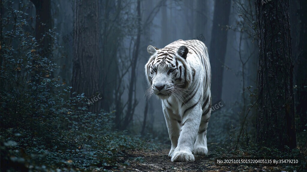 森林中漫步的優(yōu)雅白老虎