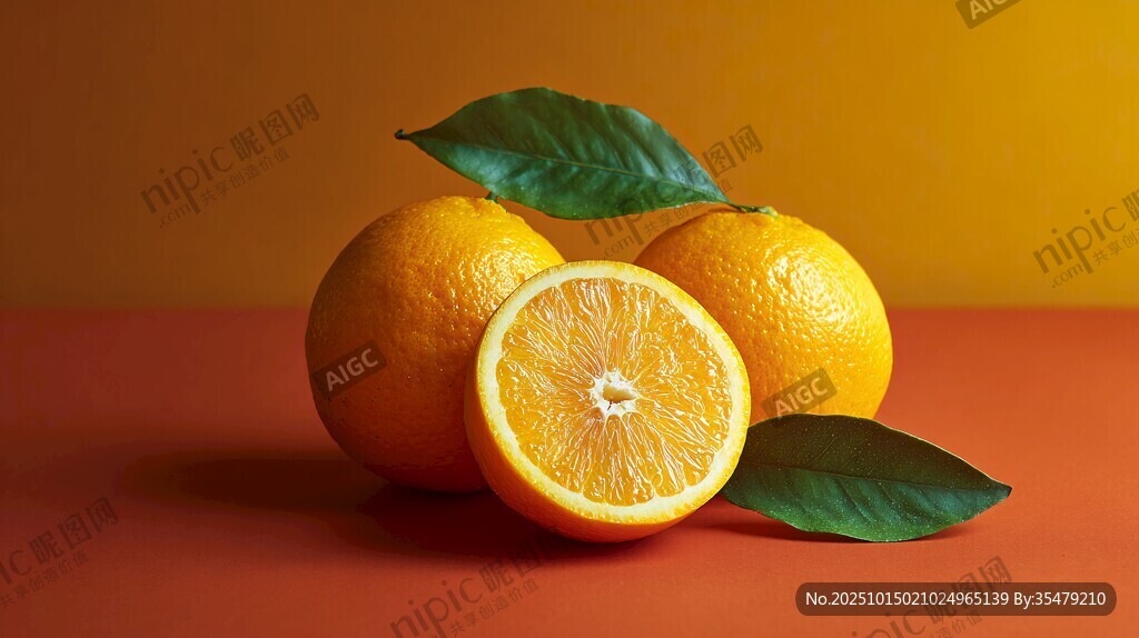 三個(gè)鮮橙帶葉擺拍畫面