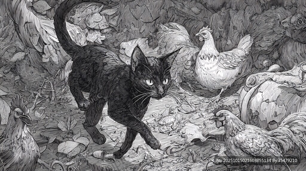 黑貓穿行于雞群間