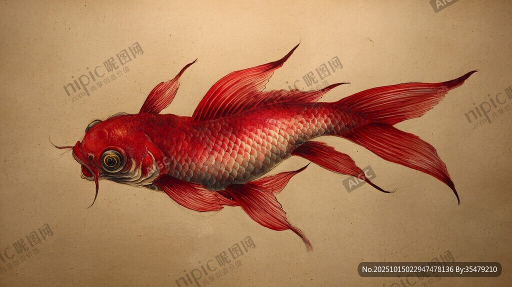 紅色飄逸長尾金魚插畫