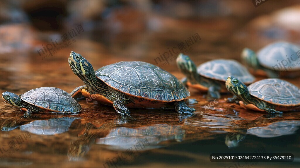 一群小海龜在水邊漫步