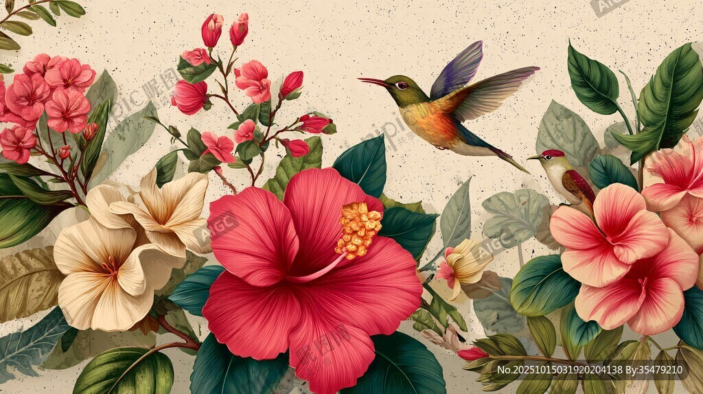 蜂鳥伴繁花的美麗圖景