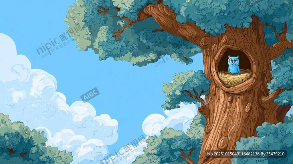 樹洞中可愛的藍(lán)色貓頭鷹