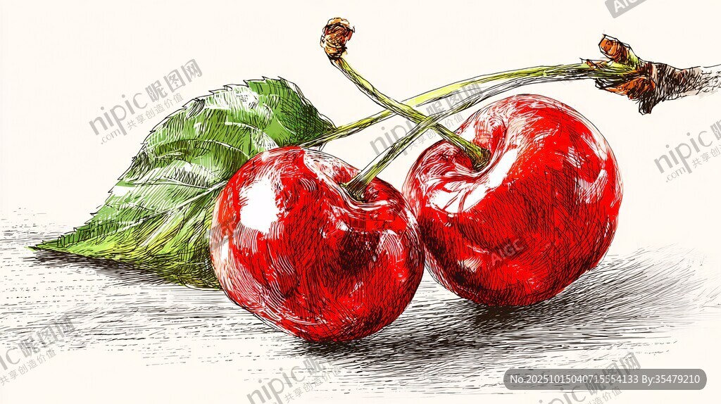 手繪雙顆鮮紅飽滿大櫻桃