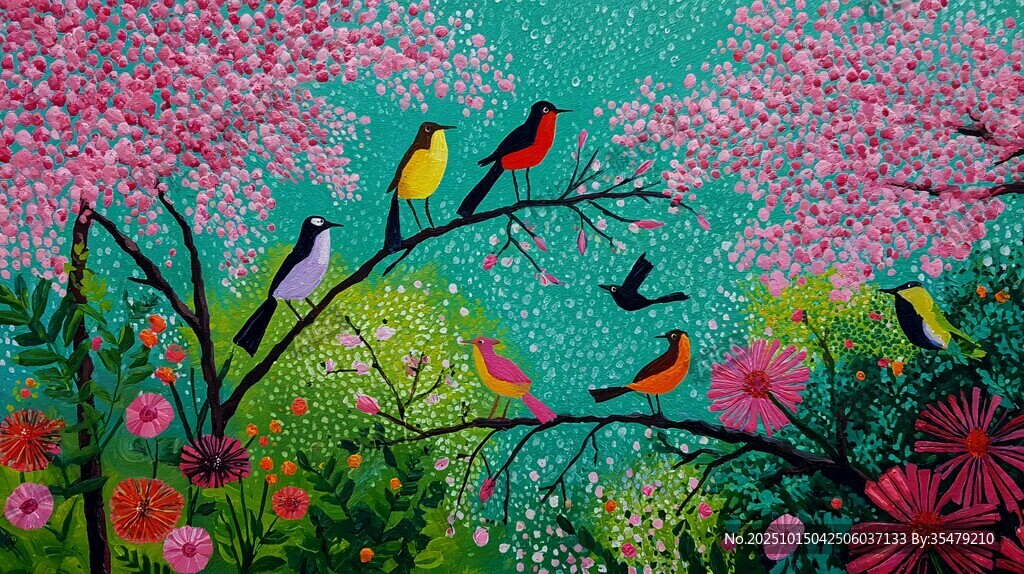 春日繁花間的多彩鳥兒
