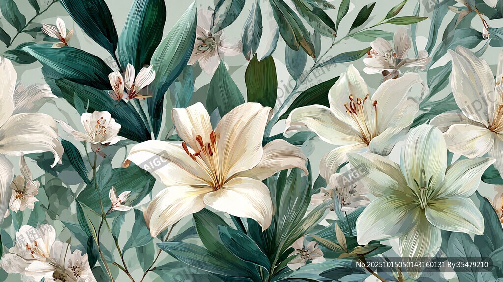 純白百合與綠葉花卉圖案