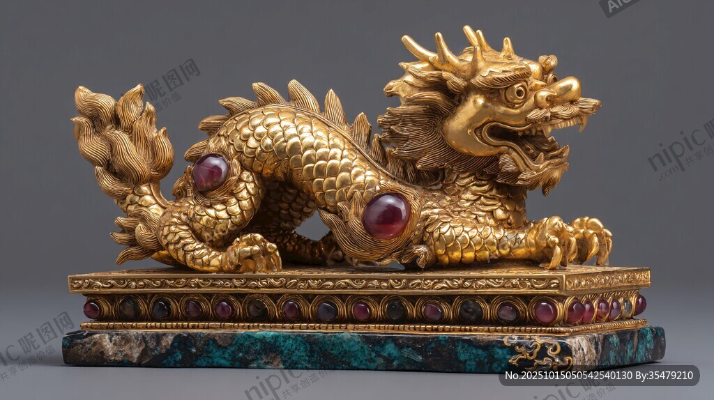 金鑲寶石臥姿金龍擺件