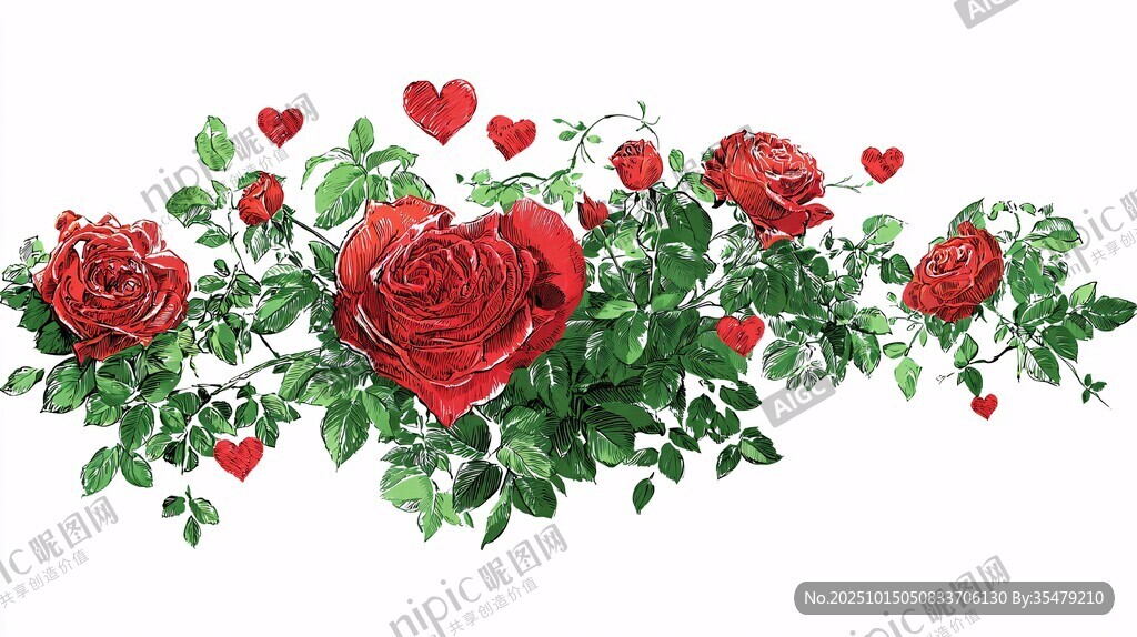 紅玫瑰與愛心浪漫花卉圖