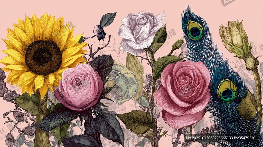 花卉与孔雀羽毛插画艺术 花卉与孔雀羽毛插画艺术