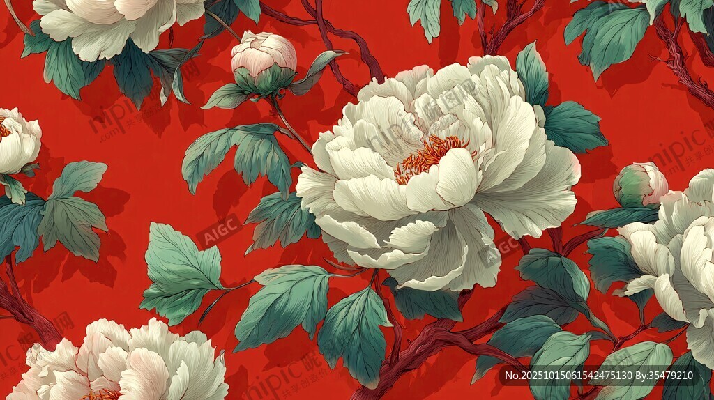 紅底白牡丹花卉圖案