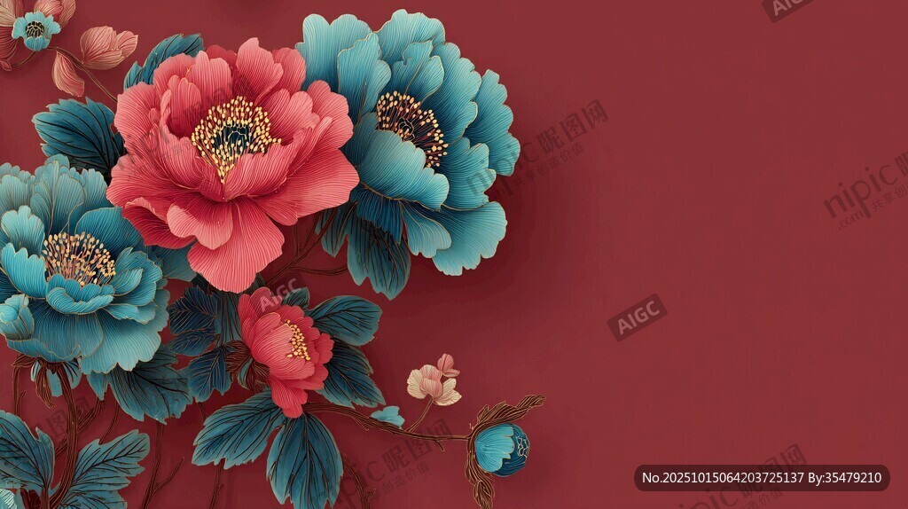 國色牡丹 紅底花卉插畫