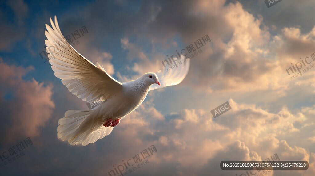 白鴿翱翔于霞光云海間