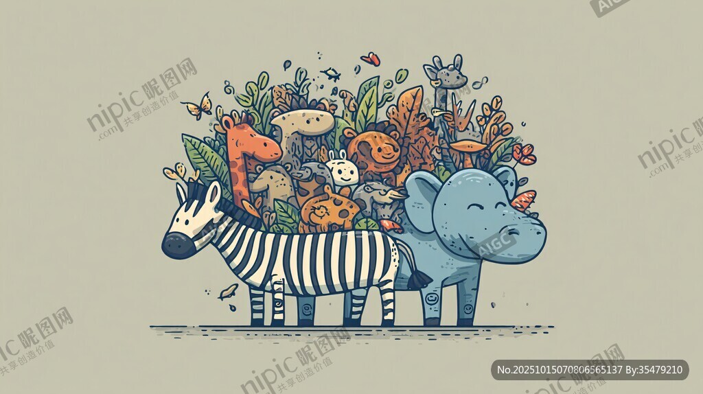 斑馬大象馱著多彩物品