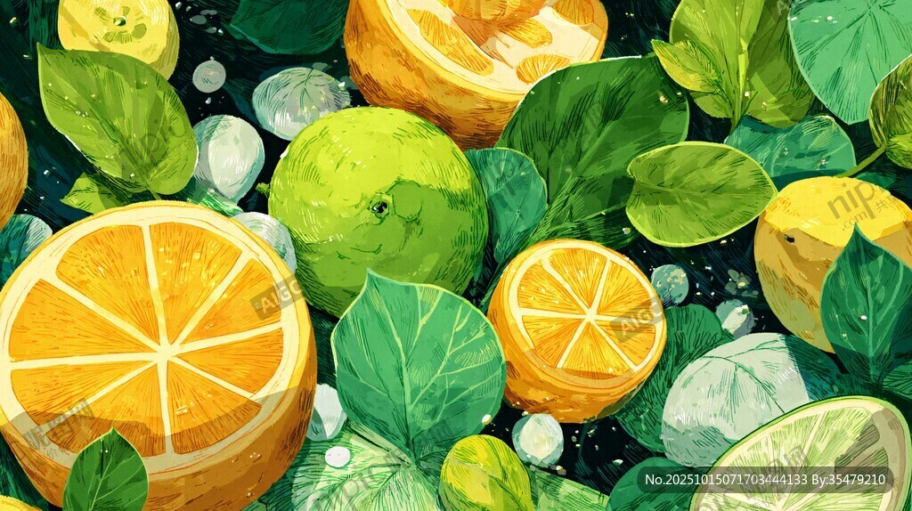 清新柑橘綠葉插畫場景