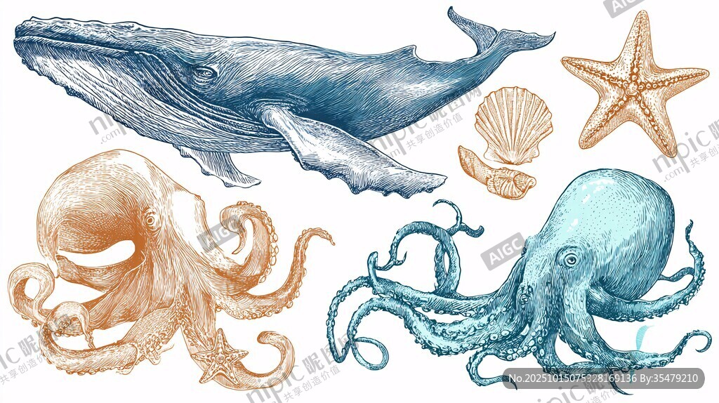 海洋生物手繪插畫集合