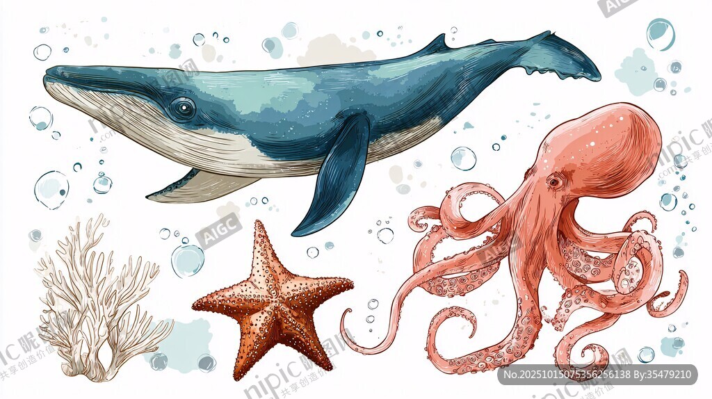 海洋生物水彩插畫集合