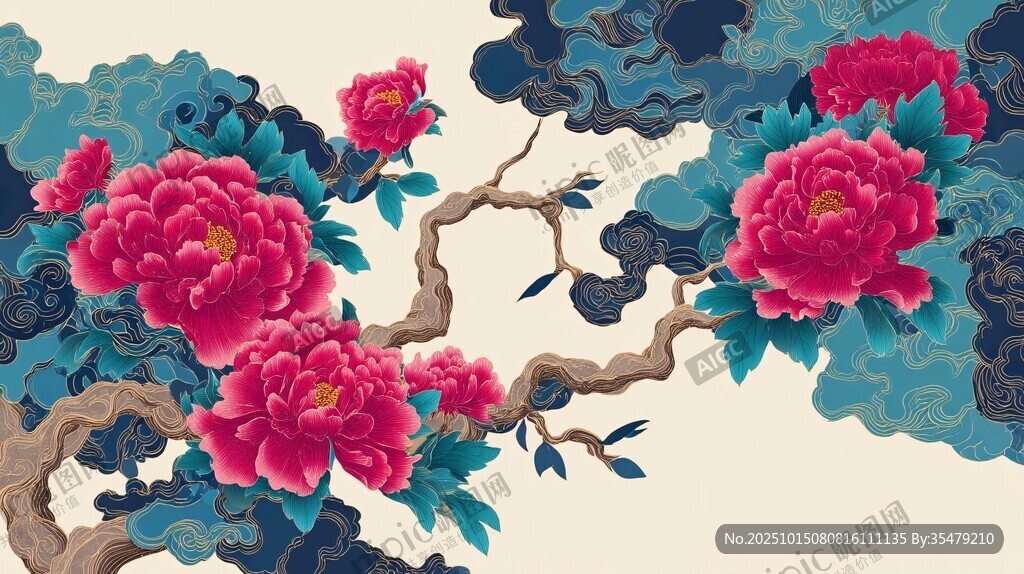 國(guó)色牡丹中式花鳥插畫