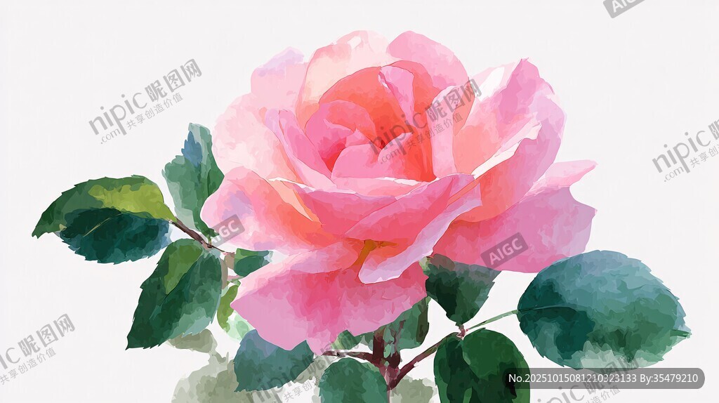 水彩繪粉色嬌艷玫瑰花