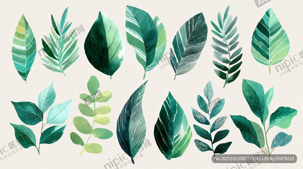 清新手繪風(fēng)多樣綠葉集合