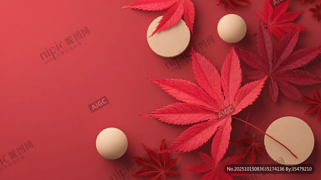 紅底楓葉與圓的秋日景致