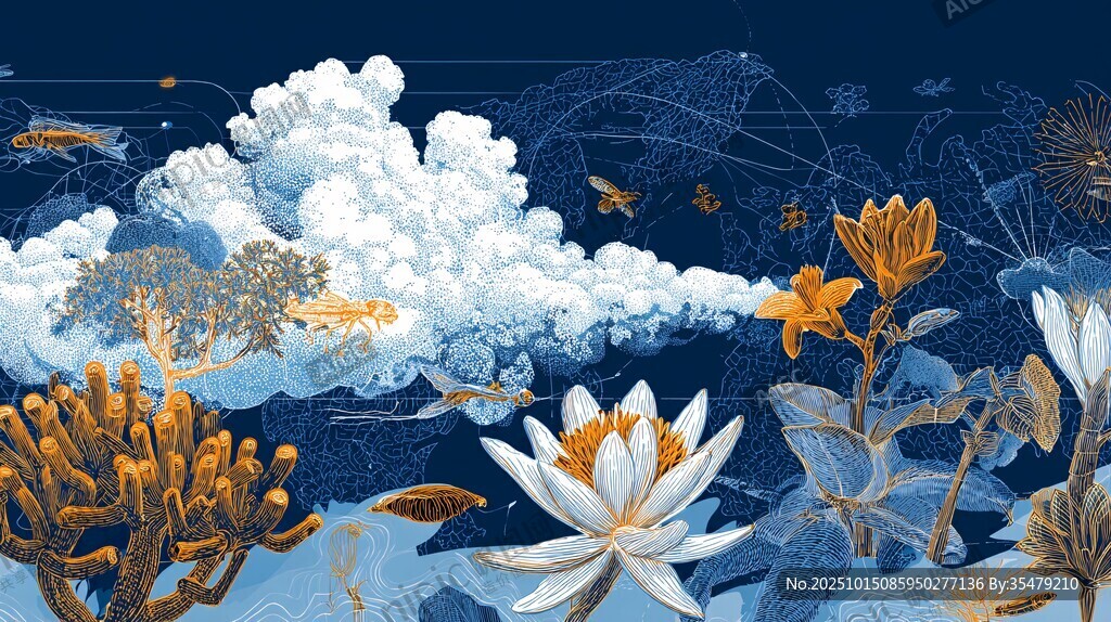 夢(mèng)幻水下植物與云朵景象