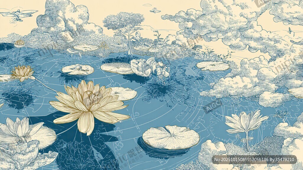 水墨風(fēng)池塘睡蓮夢幻圖景