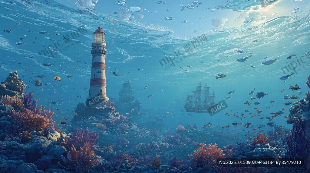 深海中的燈塔與沉船景觀