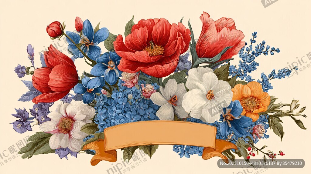 繽紛花卉組合與裝飾橫幅