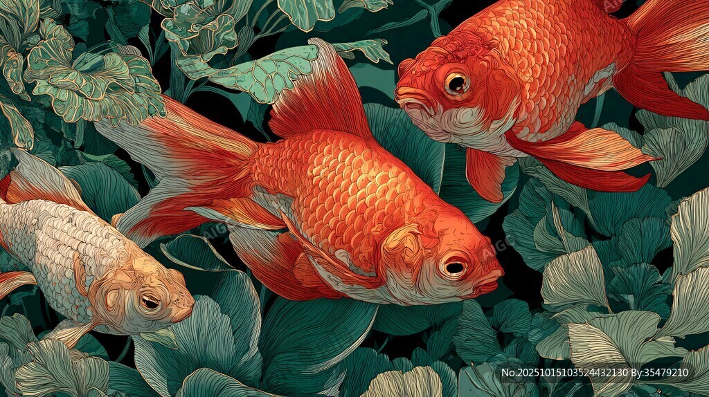 水中金魚(yú)游弋于綠葉間