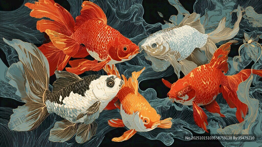 五彩金魚暢游于水墨之間