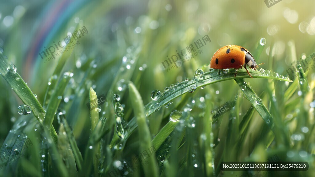 晨露青草上的可愛瓢蟲