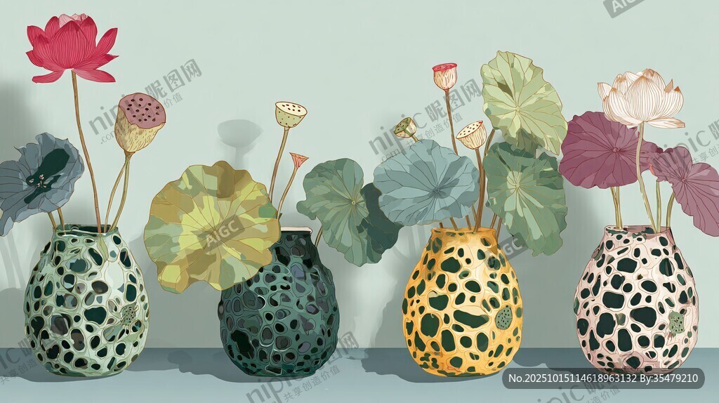 多彩花瓶插著清新荷花