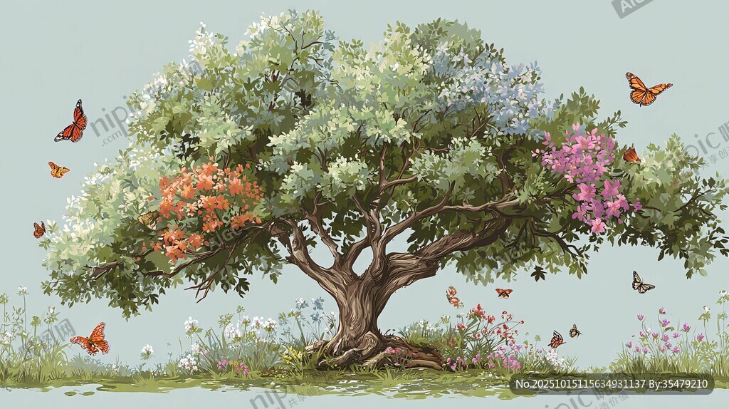 繁花大樹(shù)下的蝶舞春光