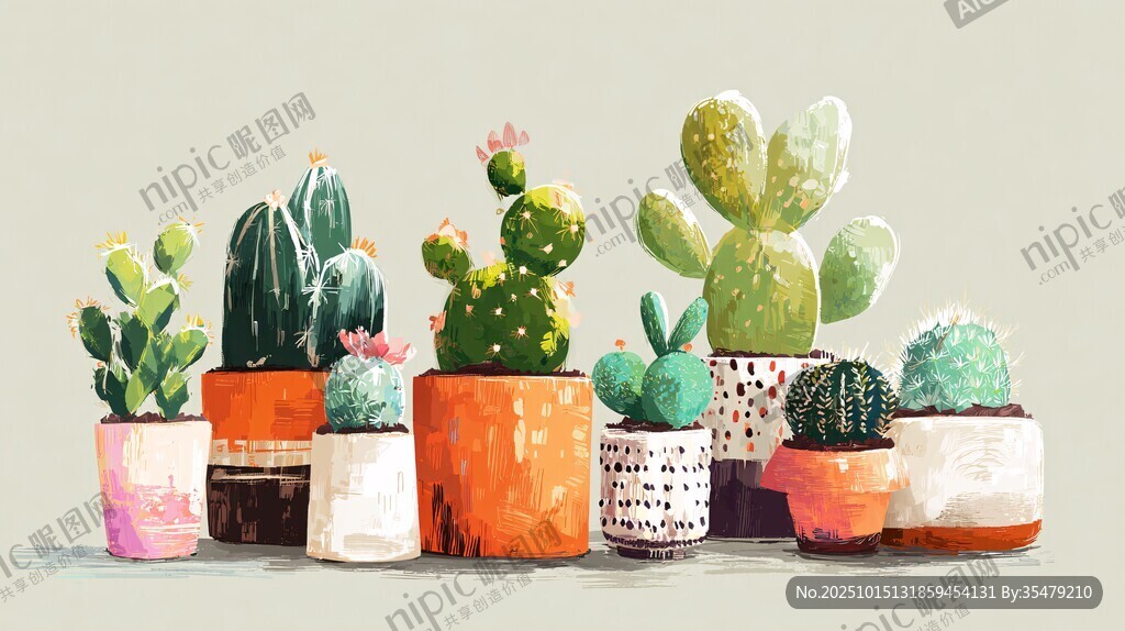 多彩仙人掌盆栽插畫
