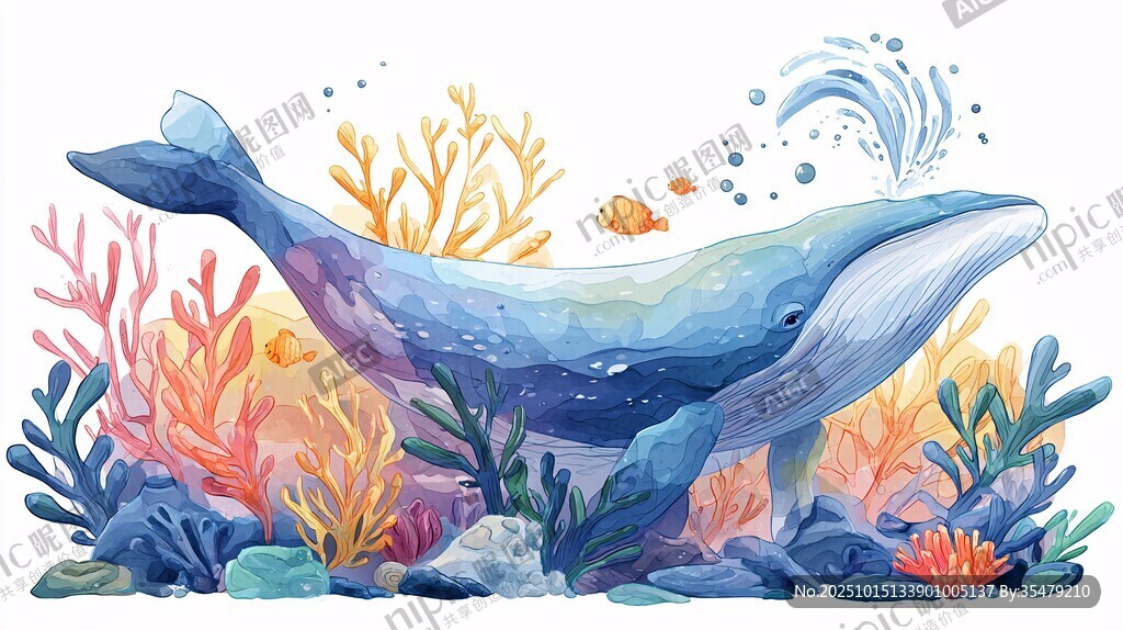 水彩風海底鯨魚夢幻景象