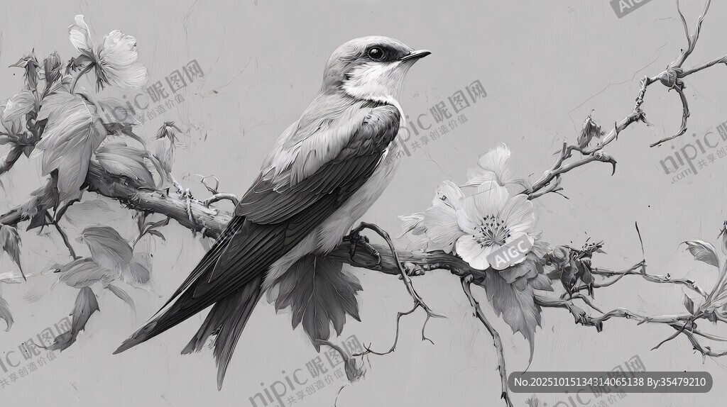 花鳥黑白繪 靜棲花枝的鳥