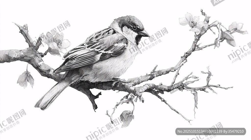 枝頭麻雀素描圖