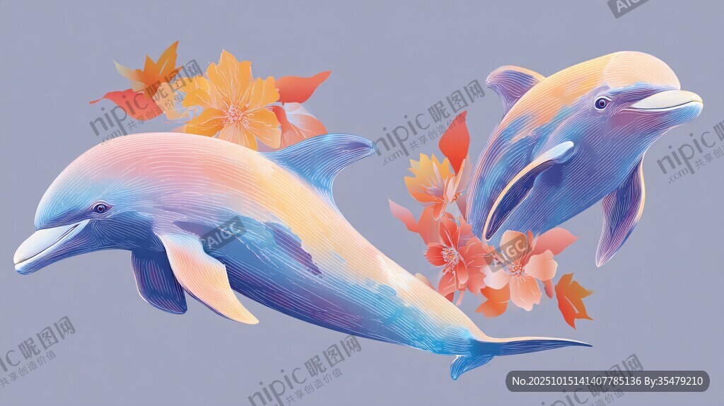 夢幻海豚與繽紛花朵相伴