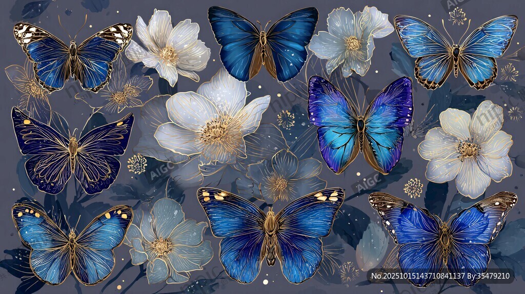 藍(lán)蝶白花夢幻插畫