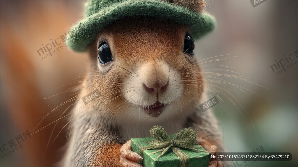 戴帽松鼠捧禮盒超萌瞬間