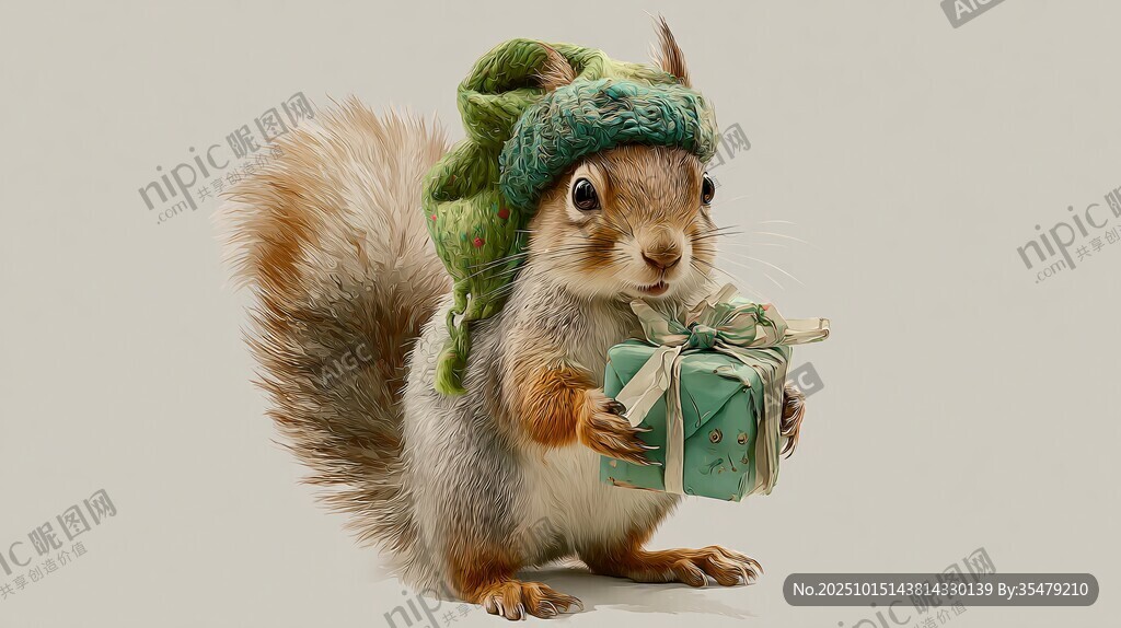 戴帽松鼠捧禮物