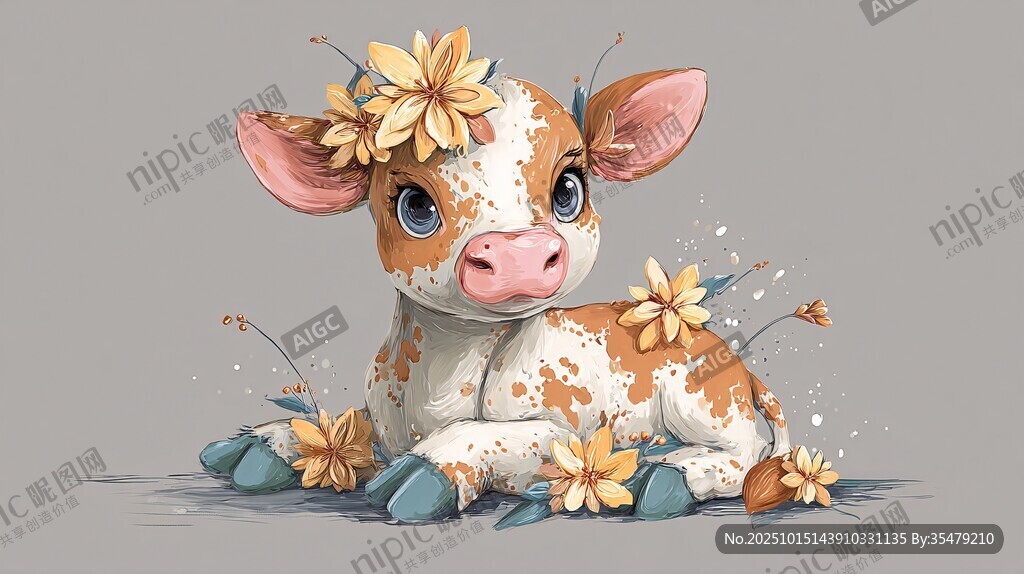 可愛(ài)花飾小牛插畫