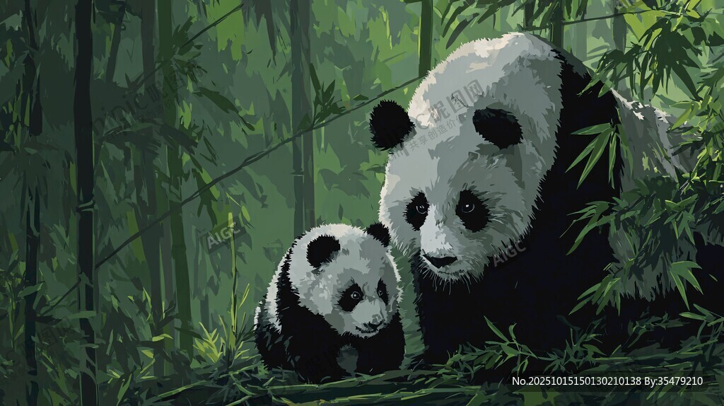 竹林中的熊貓母子