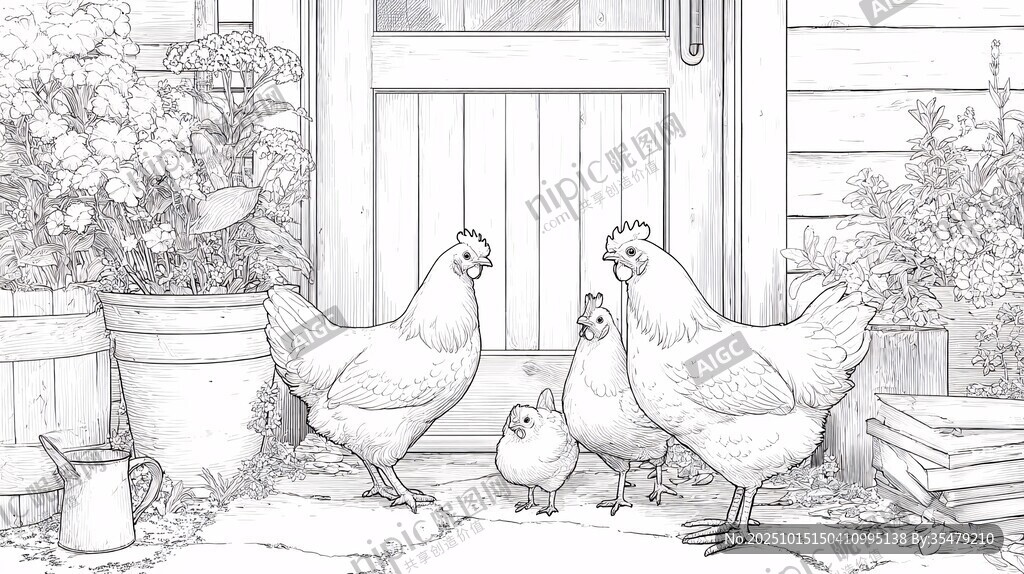 庭院中雞群的溫馨畫面