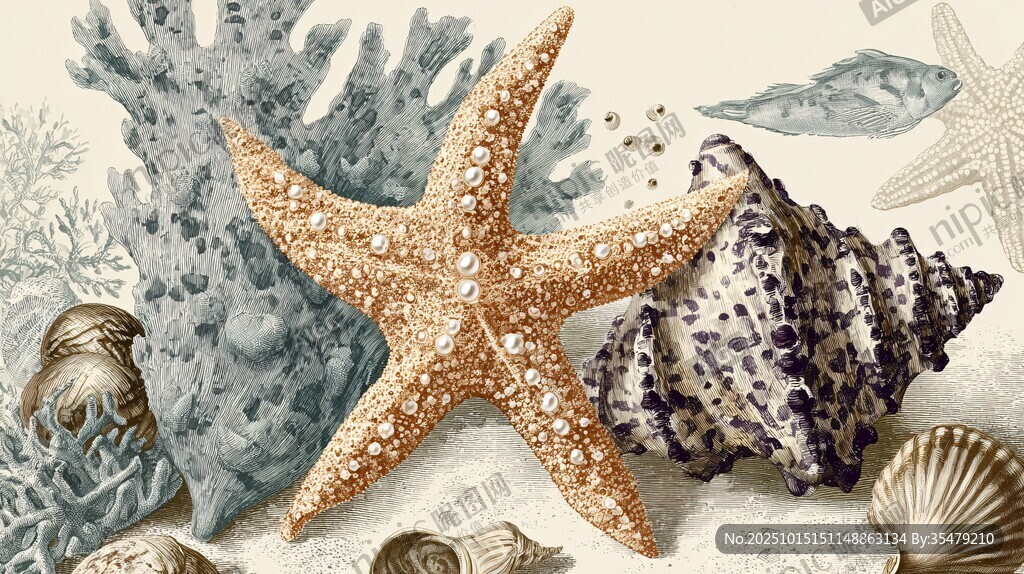 海洋生物貝殼海星插畫