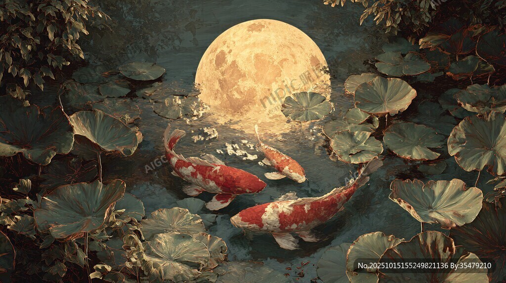 月夜錦鯉戲蓮葉間