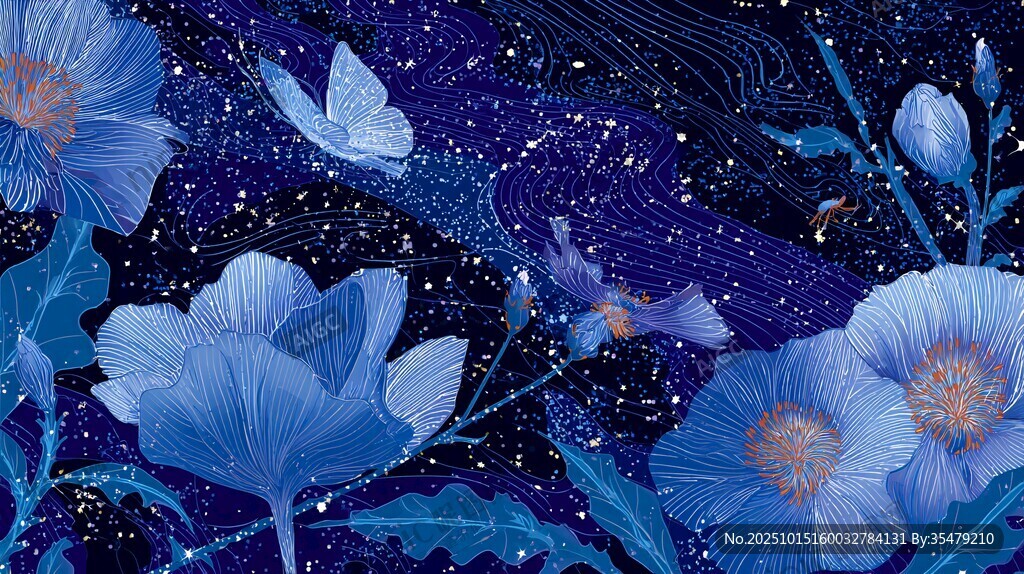 夢(mèng)幻藍(lán)花與星空蝴蝶圖景