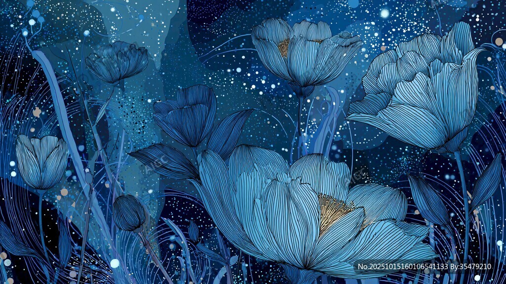 夢幻藍(lán)調(diào)星空下的花卉世界