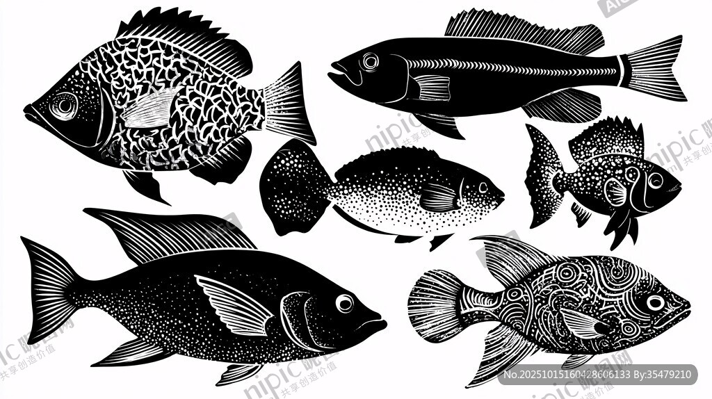 黑白風(fēng)格多樣魚類插畫